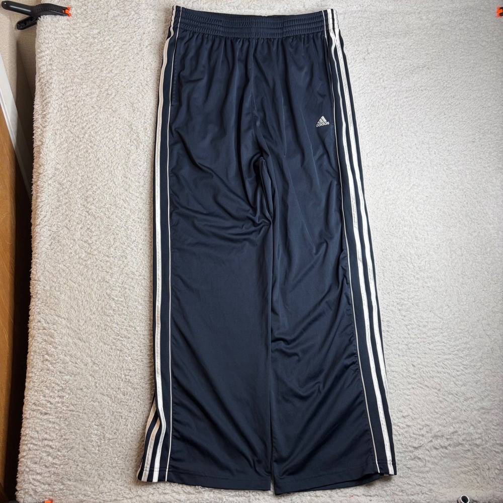 Y2K Adidas Navy Blue White Stripe Track Pants Mens XL baggy loose fit wide leg